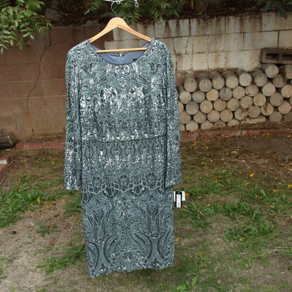 Betsy & Adam Gunmetal Long Sleeve Sequin Sheath Dress 16W